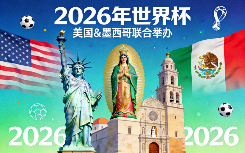 2026年世界杯官方宣传海报，展示主办国美国和墨西哥的标志性建筑